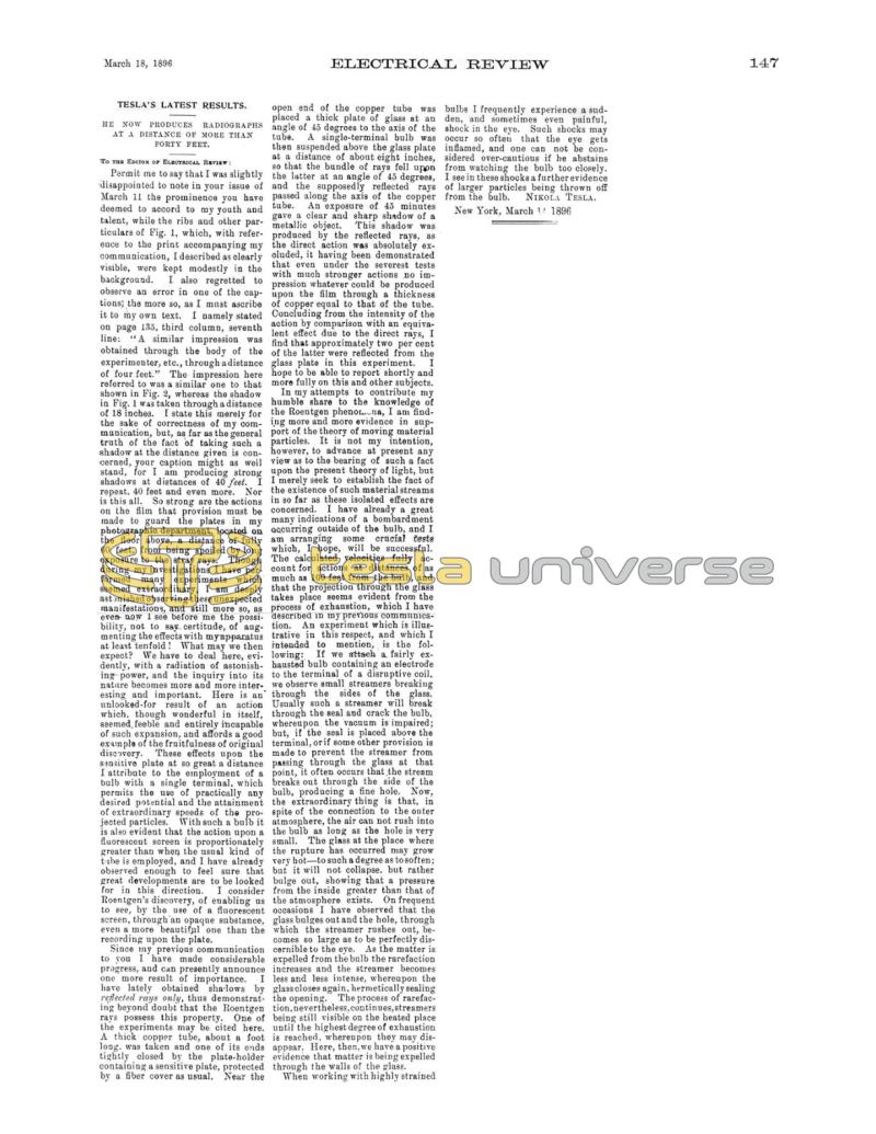 Preview of Tesla's Latest Results - He Now Produces Radiographs at a Distance of More Than Forty Feet article