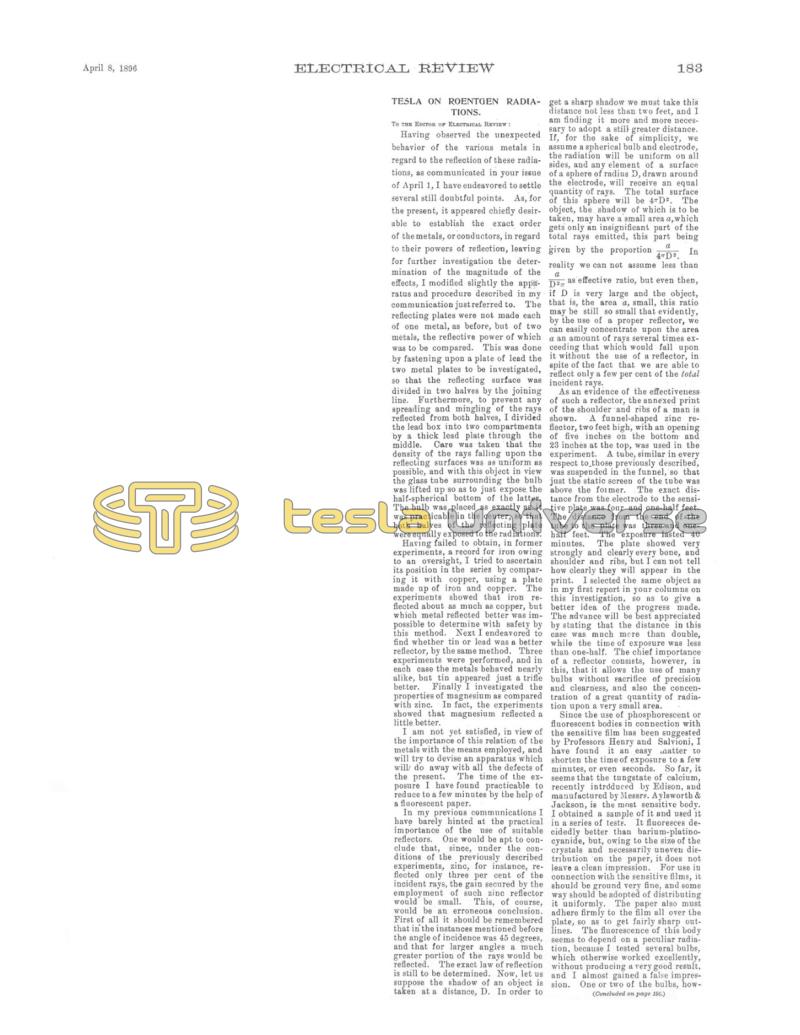 Preview of Tesla On Roentgen Radiations article