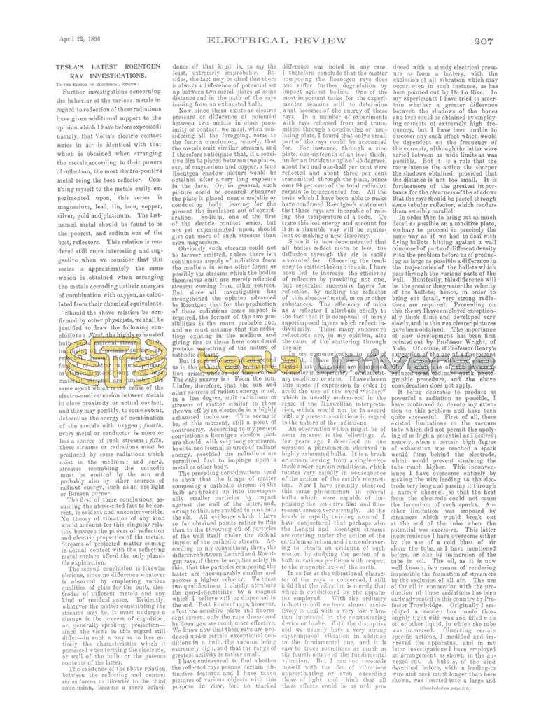 Preview of Tesla's Latest Roentgen Ray Investigations article