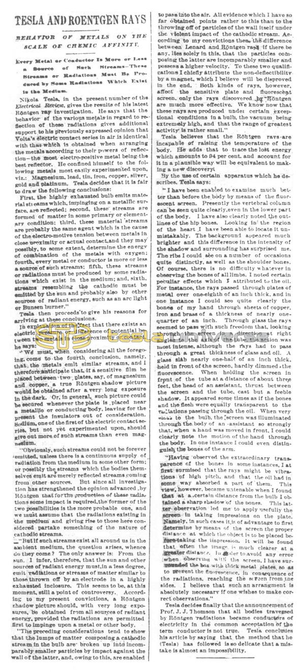 Preview of Tesla and Roentgen Rays article