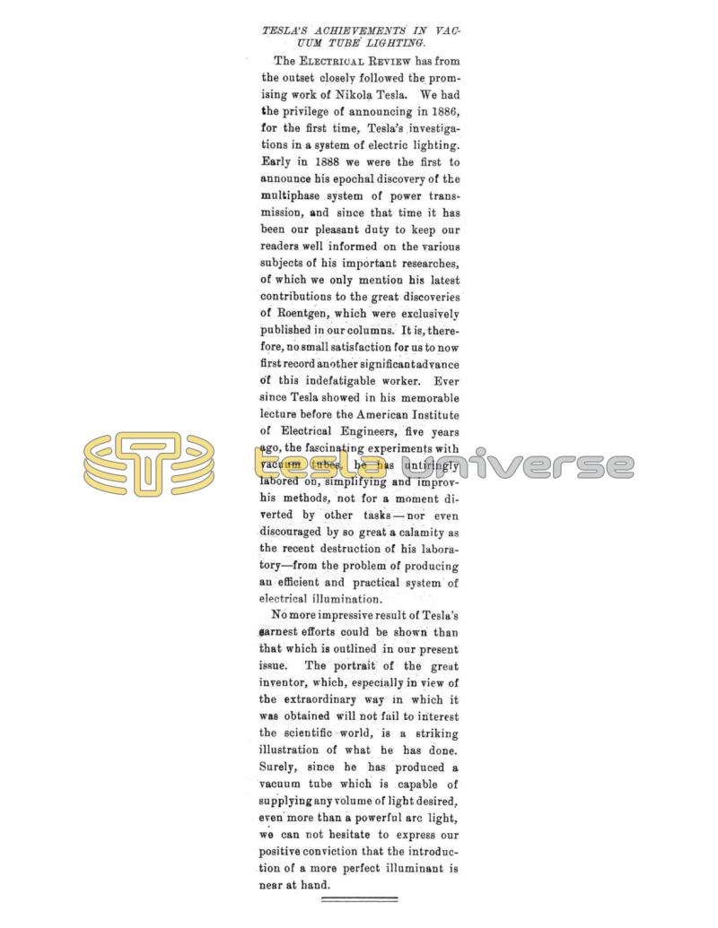 Preview of Tesla's Achievements in Vacuum Tube Lighting article