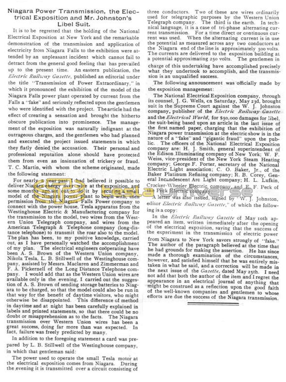 Preview of Niagara Power Transmission, the Electrical Exposition and Mr. Johnston's Libel Suit article