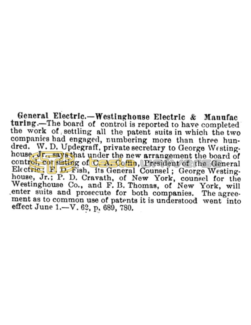Preview of General Electric - Westinghouse Electric & Manufacturing Settle Patents article