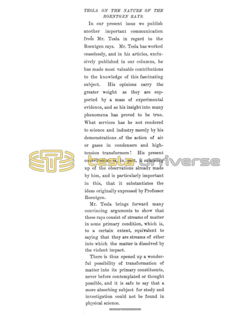 Preview of Tesla on the Nature of the Roentgen Rays article