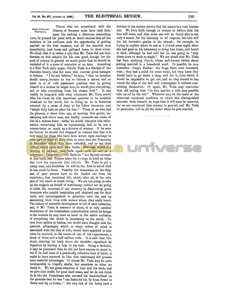 Preview of Nikola Tesla and Matrimony article