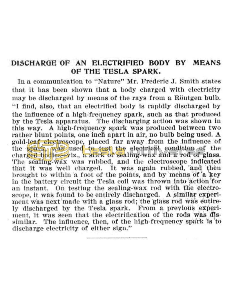 Preview of Discharge of an Electrified Body by Means of the Tesla Spark (reprint) article