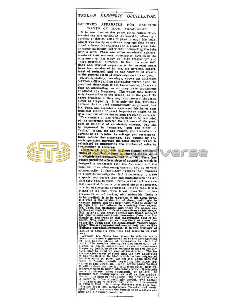 Preview of Tesla's Electric Oscillator - Improved Apparatus for Exciting Waves of High Frequency article