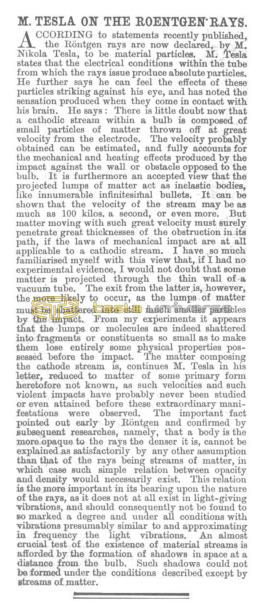 Preview of Mr. Tesla on the Roentgen Rays (Sep. 18, 1896) article
