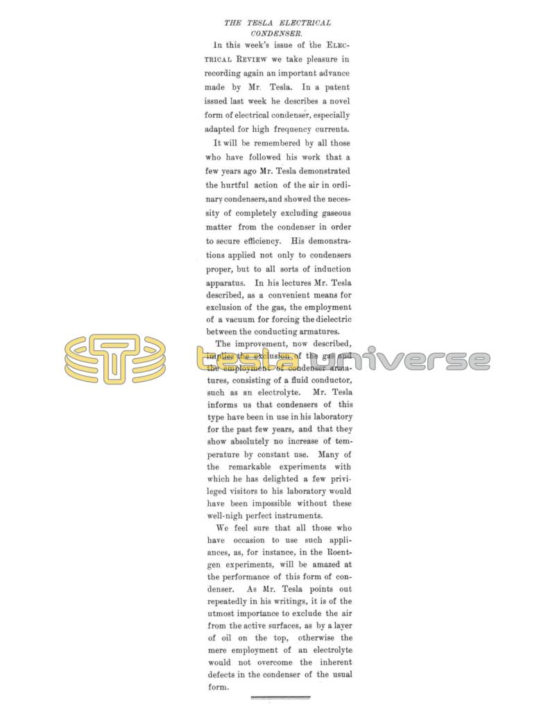 Preview of The Tesla Electrical Condenser - Editorial article