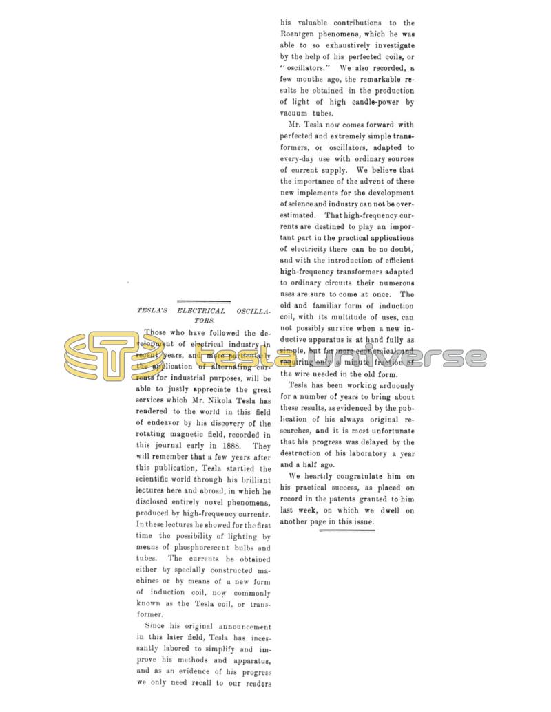 Preview of Tesla's Electrical Oscillators - Editorial article