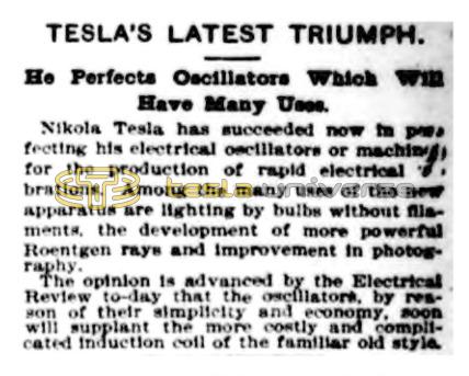 Preview of Tesla's Latest Triumph - He Perfects Oscillators Which Will Have Many Uses article