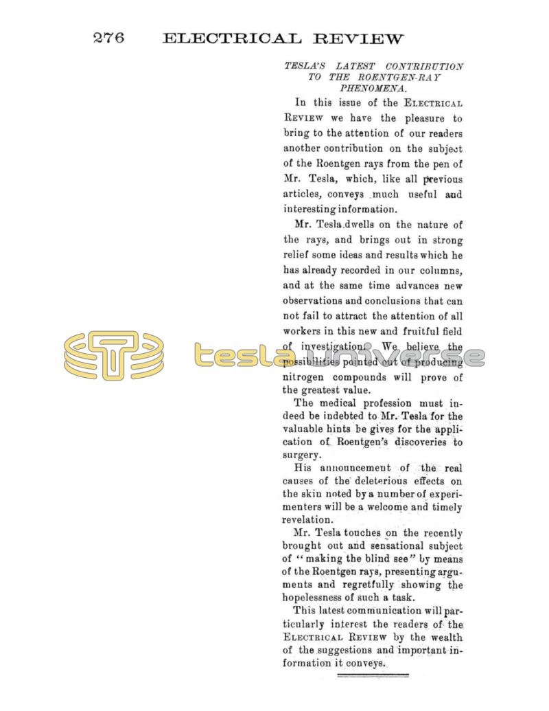 Preview of Editorial - Tesla's Latest Contribution to the Roentgen-Ray Phenomena article