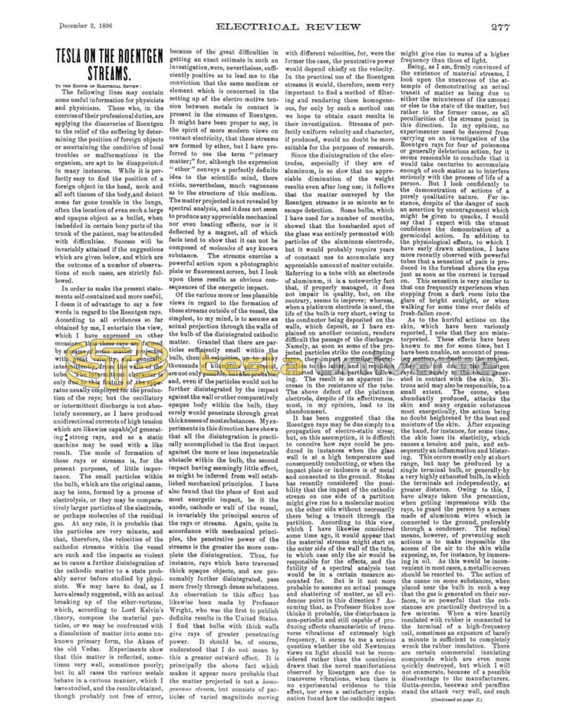 Preview of Tesla on the Roentgen Streams article