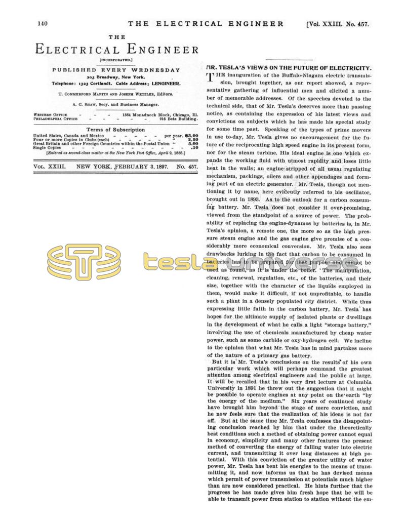 Preview of Mr. Tesla's Views on the Future of Electricity article