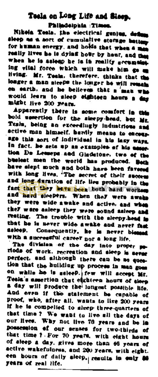 Preview of Tesla on Long Life and Sleep (reprint) article
