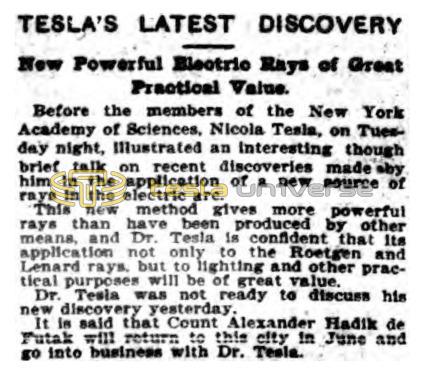 Preview of Tesla's Latest Discovery - New Powerful Electric Rays of Great Practical Value article