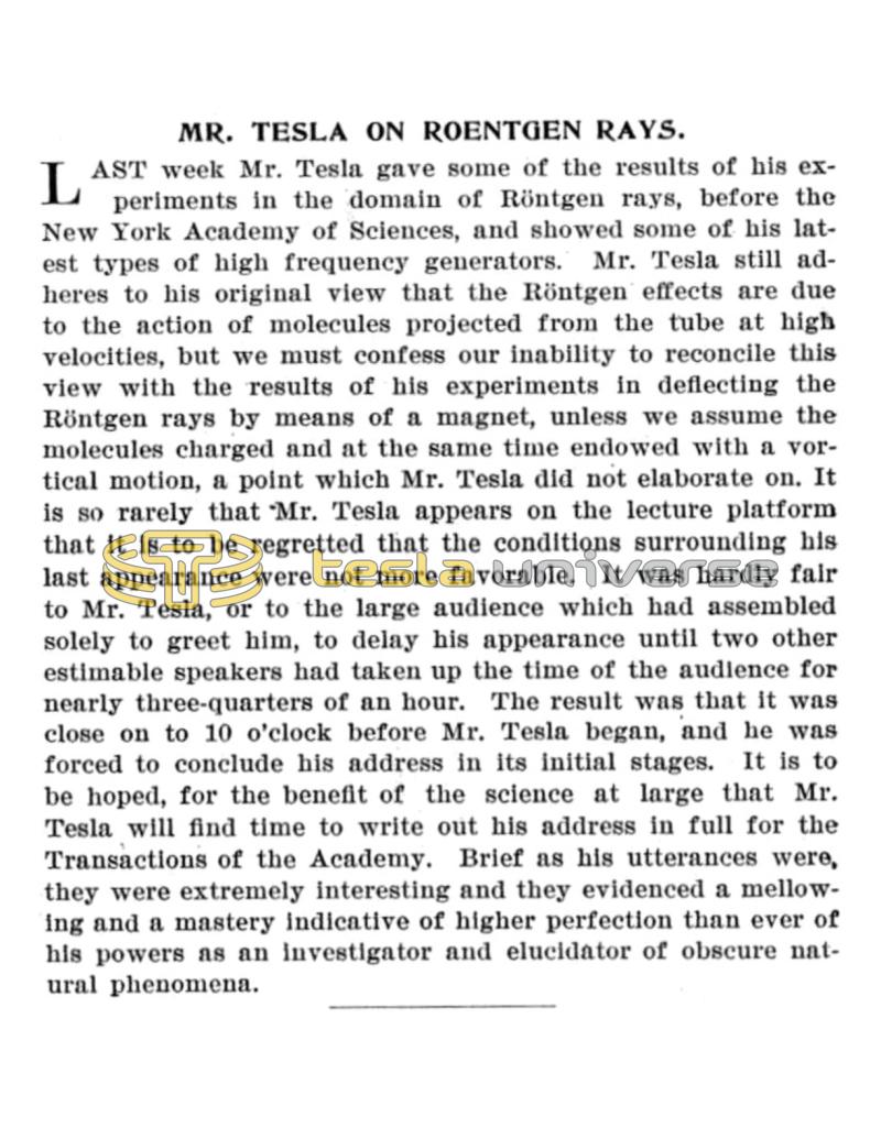 Preview of Mr. Tesla on Roentgen Rays article