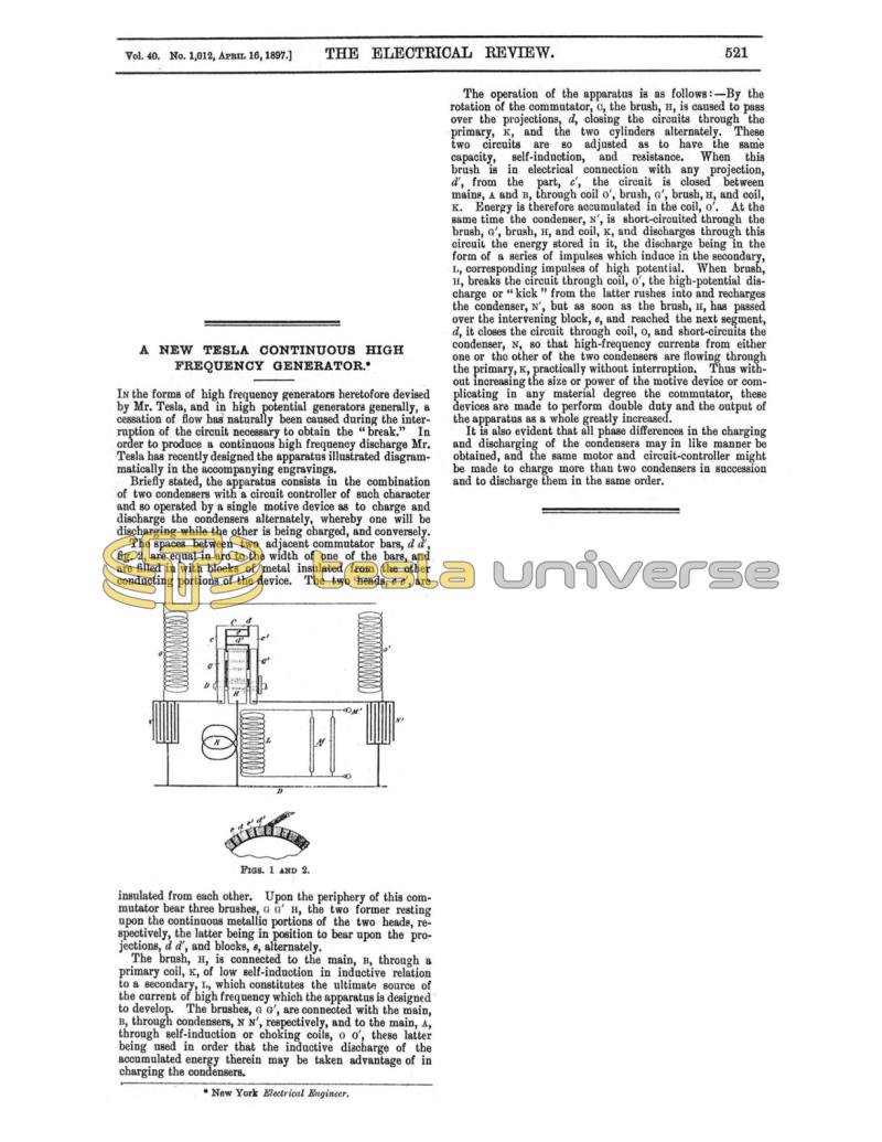 Preview of A New Tesla Continuous High Frequency Generator (reprint) article