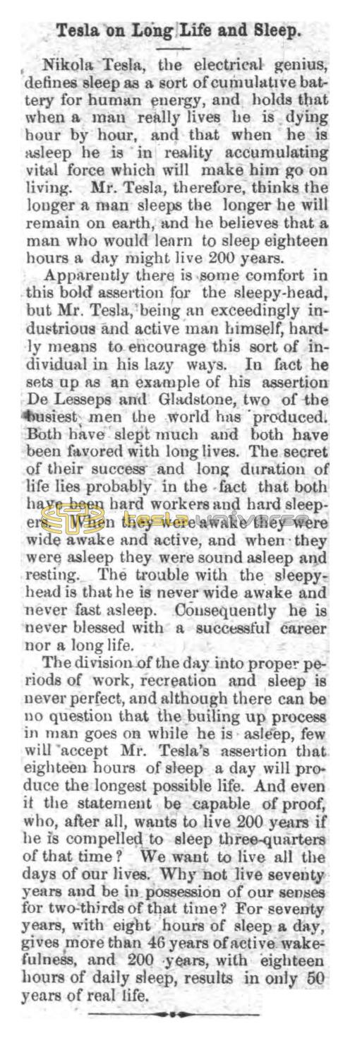 Preview of Tesla on Long Life and Sleep (Mar. 28, 1897) (reprint) article