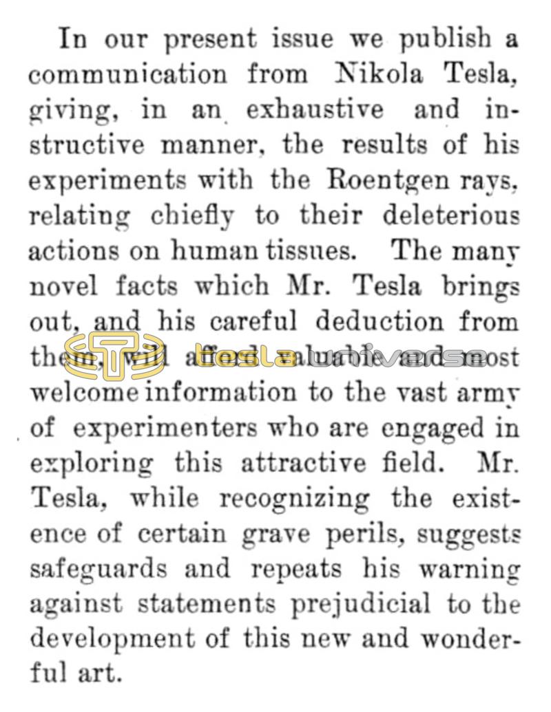 Preview of Tesla on the Hurtful Actions of Lenard and Roentgen Tubes - Editorial article