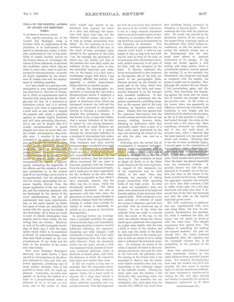 Preview of Tesla on the Hurtful Actions of Lenard and Roentgen Tubes article