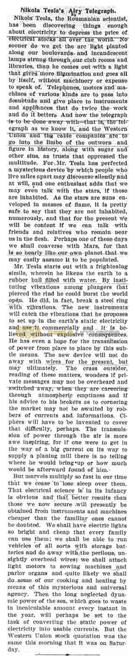 Preview of Nikola Tesla's Airy Telegraph article