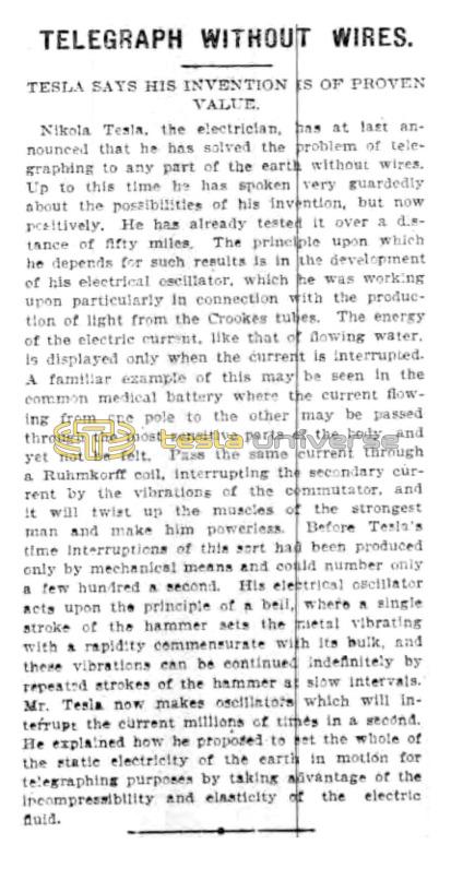 Preview of Telegraph Without Wires - Tesla Says His Invention is of Proven Value article