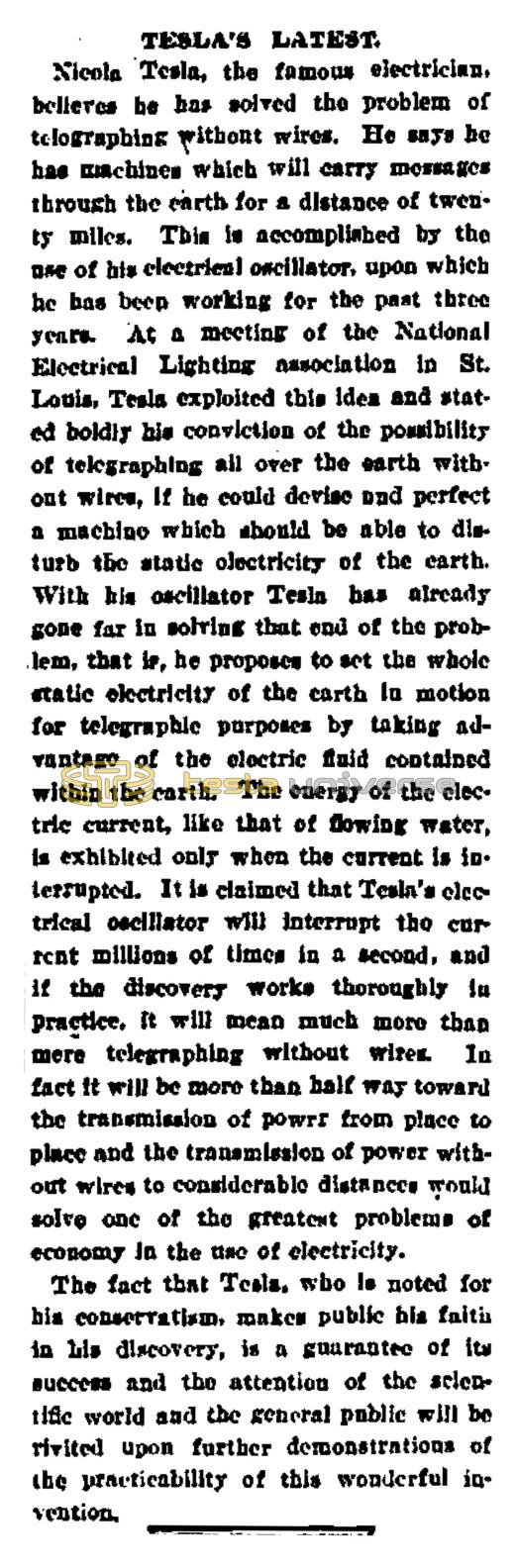 Preview of Tesla's Latest - Telegraphing Without Wires article