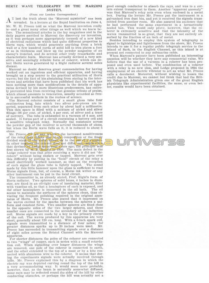 Preview of Hertz Wave Telegraphy by the Marconi System article