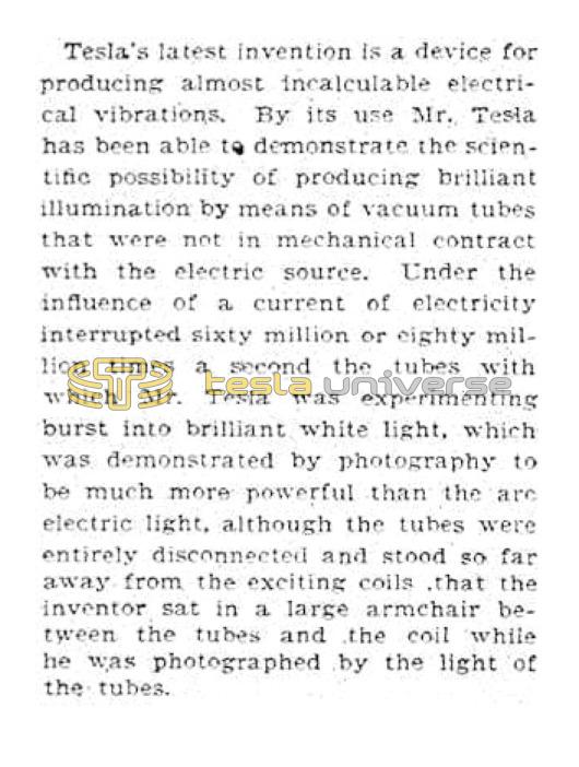 Preview of Tesla's Latest Invention for Producing Incalculable Electrical Vibrations article