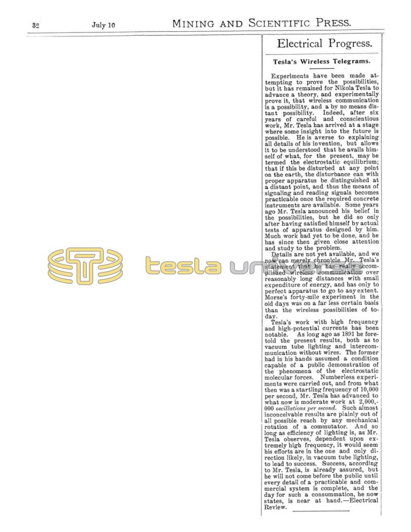 Preview of Tesla's Wireless Telegrams (Reprint) article