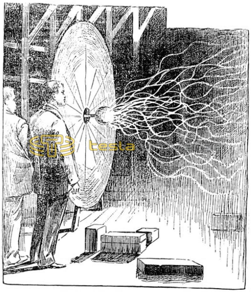Illustration of experiments in Tesla's laboratory with pancake Tesla coil.