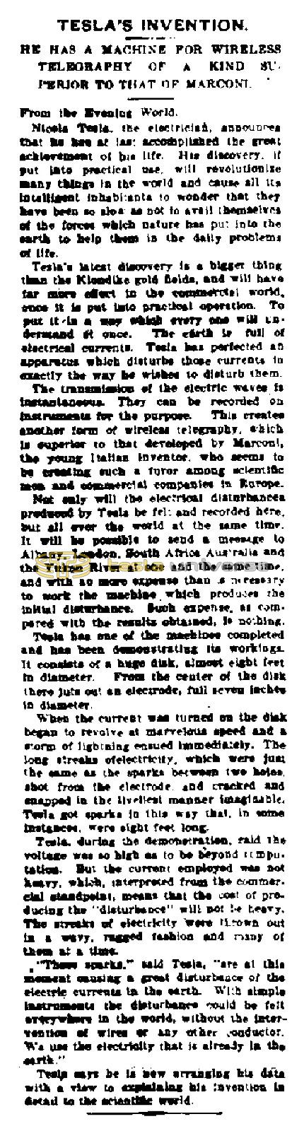Preview of Tesla's Invention - He Has a Machine for Wireless Telegraphy of a Kind Superior to that of Marconi article