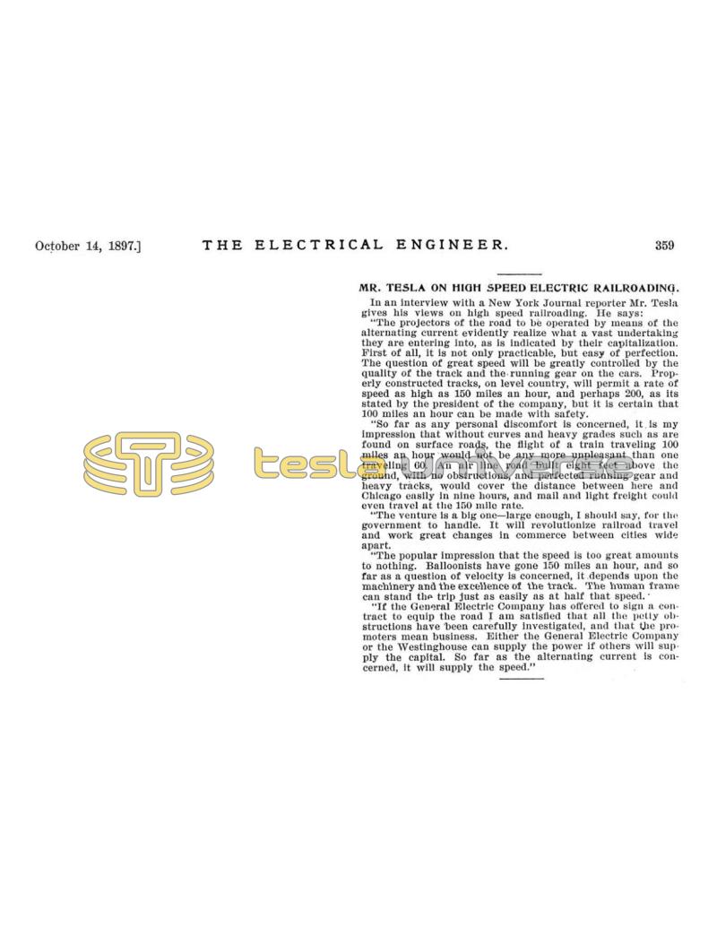 Preview of Mr. Tesla on High Speed Electric Railroading article