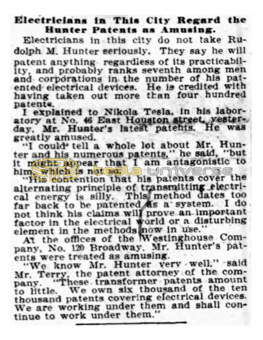 Preview of Electricians in This City Regard the Hunter Patents as Amusing article