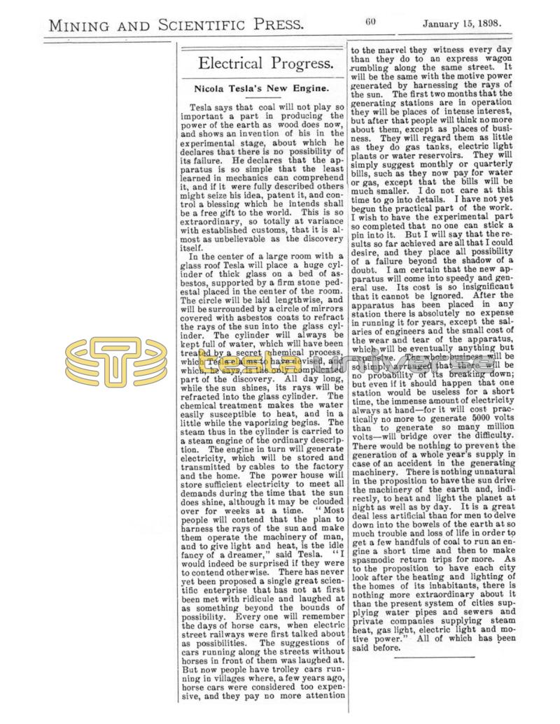 Preview of Electrical Progress - Nikola Tesla's New Engine article