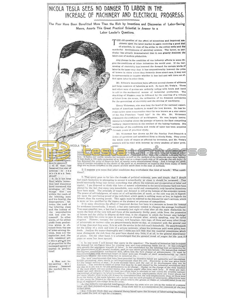 Preview of Nikola Tesla Sees No Danger to Labor in the Increase of Machinery and Electrical Progress article