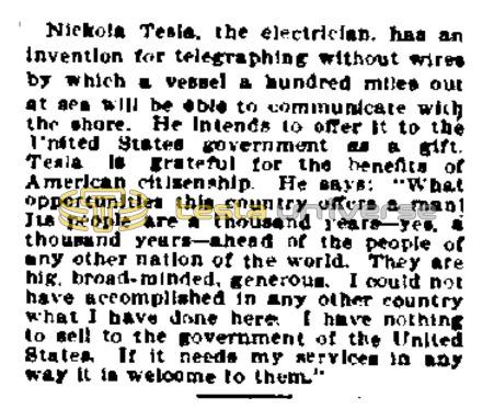 Preview of Nikola Tesla to Offer Invention to Government as a Gift article
