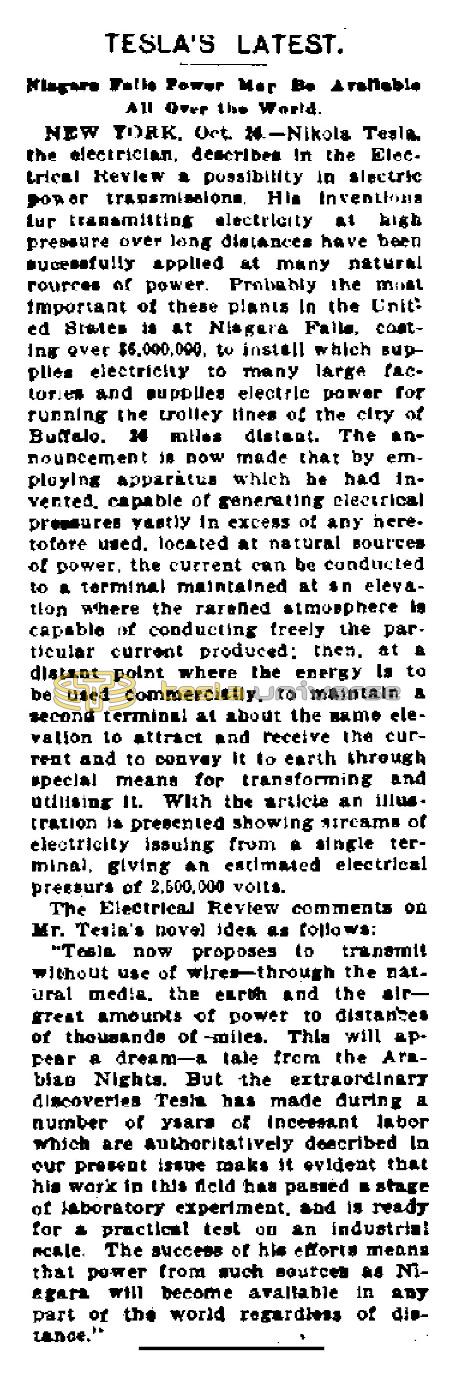 Preview of Tesla's Latest - Niagara Falls Power May Be Available All Over the World article