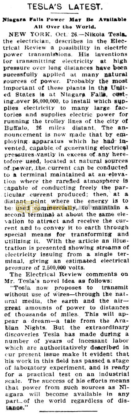 Preview of Tesla's Latest - Niagara Falls Power May Be Available All Over the World (reprint) article