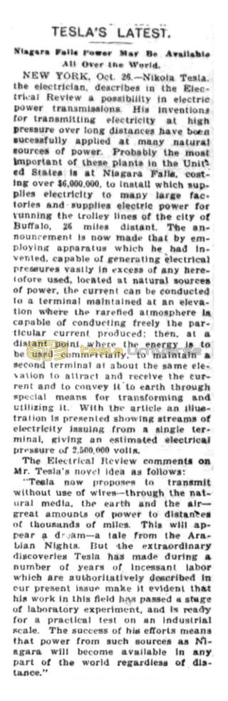 Preview of Tesla's Latest - Niagara Falls Power May Be Available All Over the World (reprint 2) article