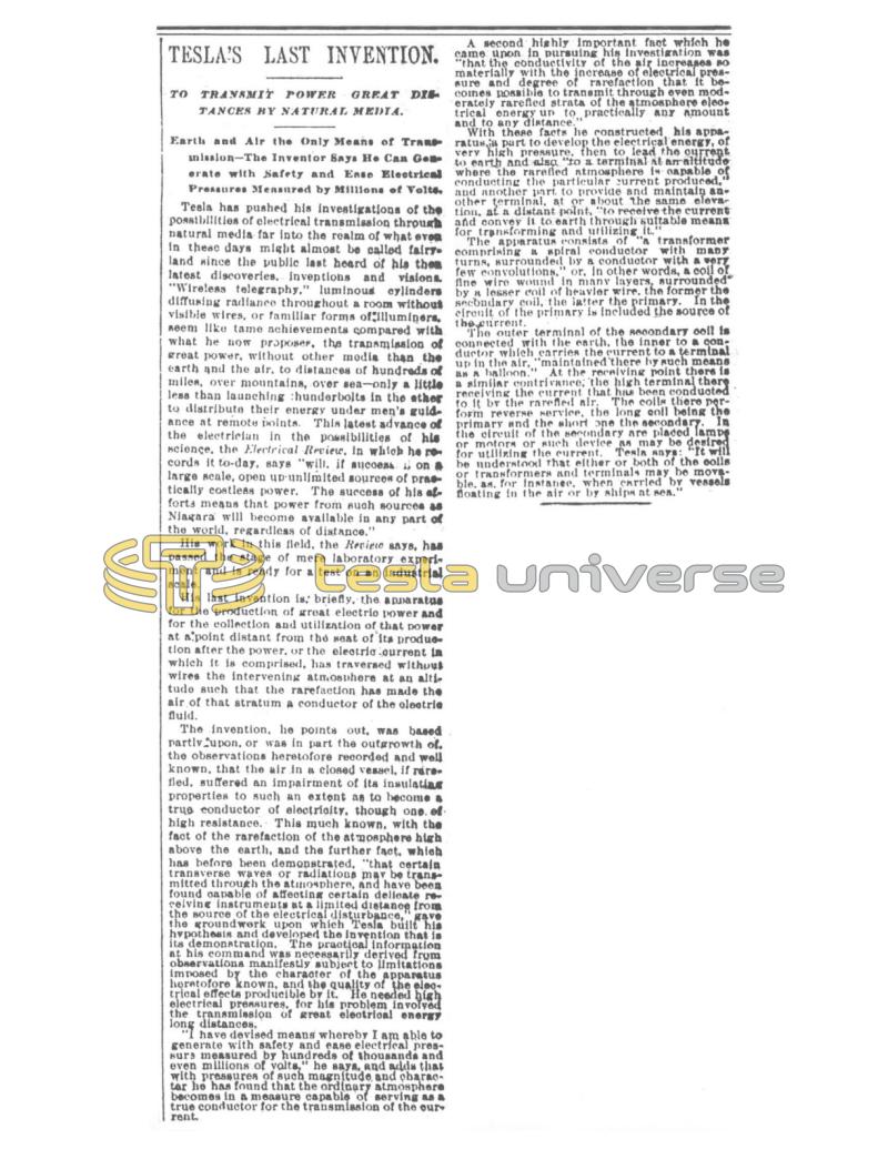 Preview of Tesla's Last Invention - To Transmit Power Great Distances by Natural Media article