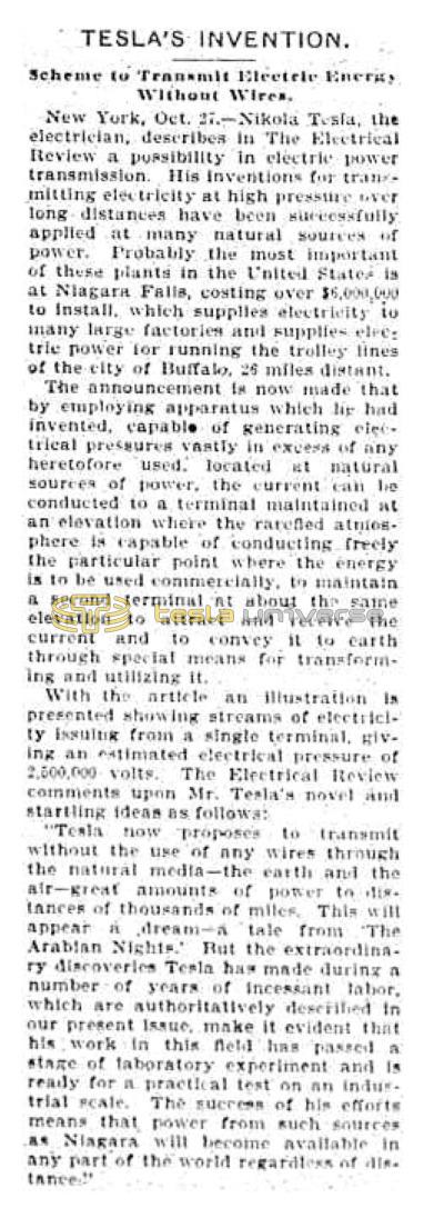 Preview of Tesla's Invention - Scheme to Transmit Electric Energy Without Wires article