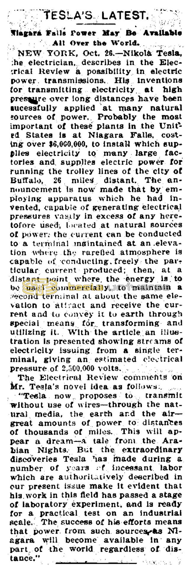 Preview of Tesla's Latest - Niagara Falls Power May Be Available All Over the World (reprint 3) article