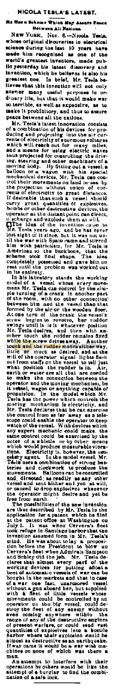 Preview of Nikola Tesla's Latest - He Has a Scheme Which May Assure Peace Between All Nations article