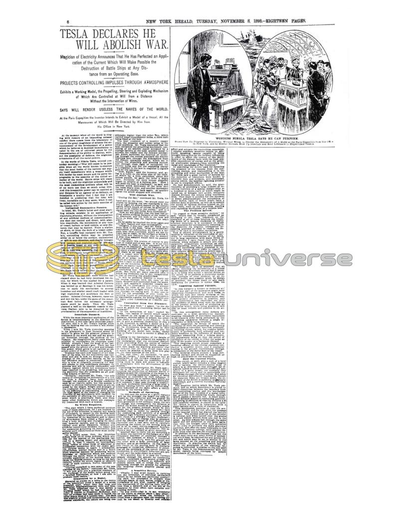 Preview of Tesla Declares He Will Abolish War article