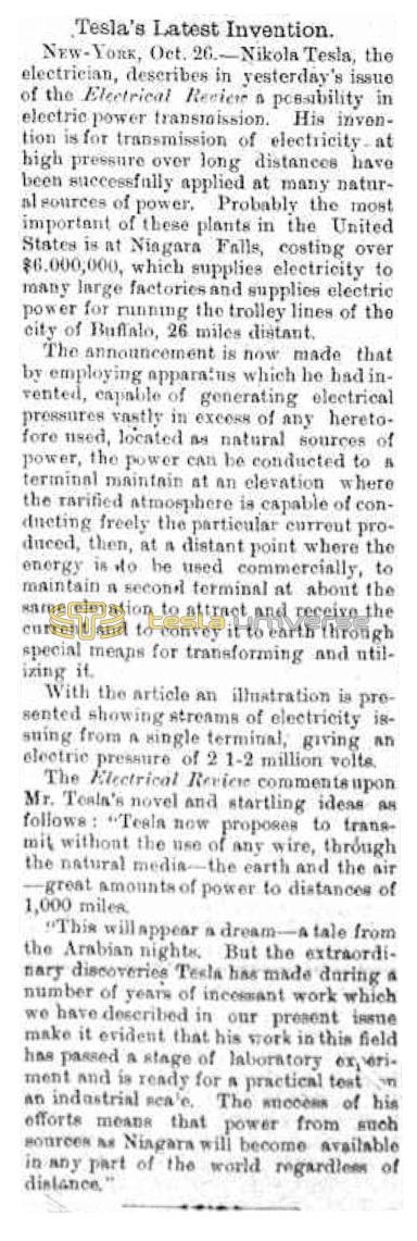 Preview of Tesla's Latest Invention - Possibilities in Electric Power Transmission (reprint) article