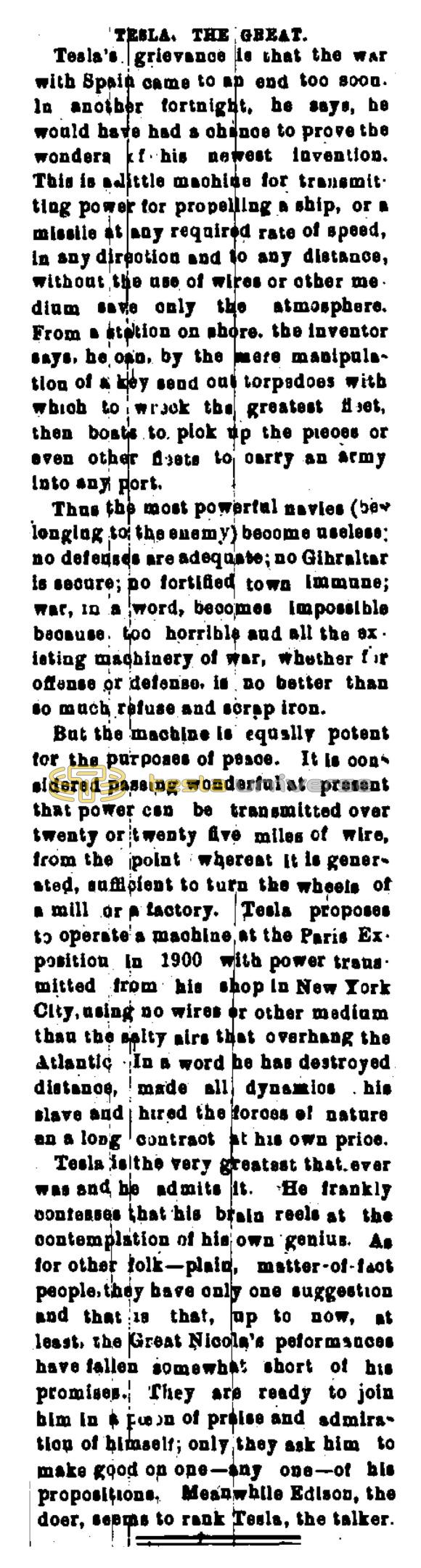 Preview of Tesla, The Great (Nov. 14, 1898) article
