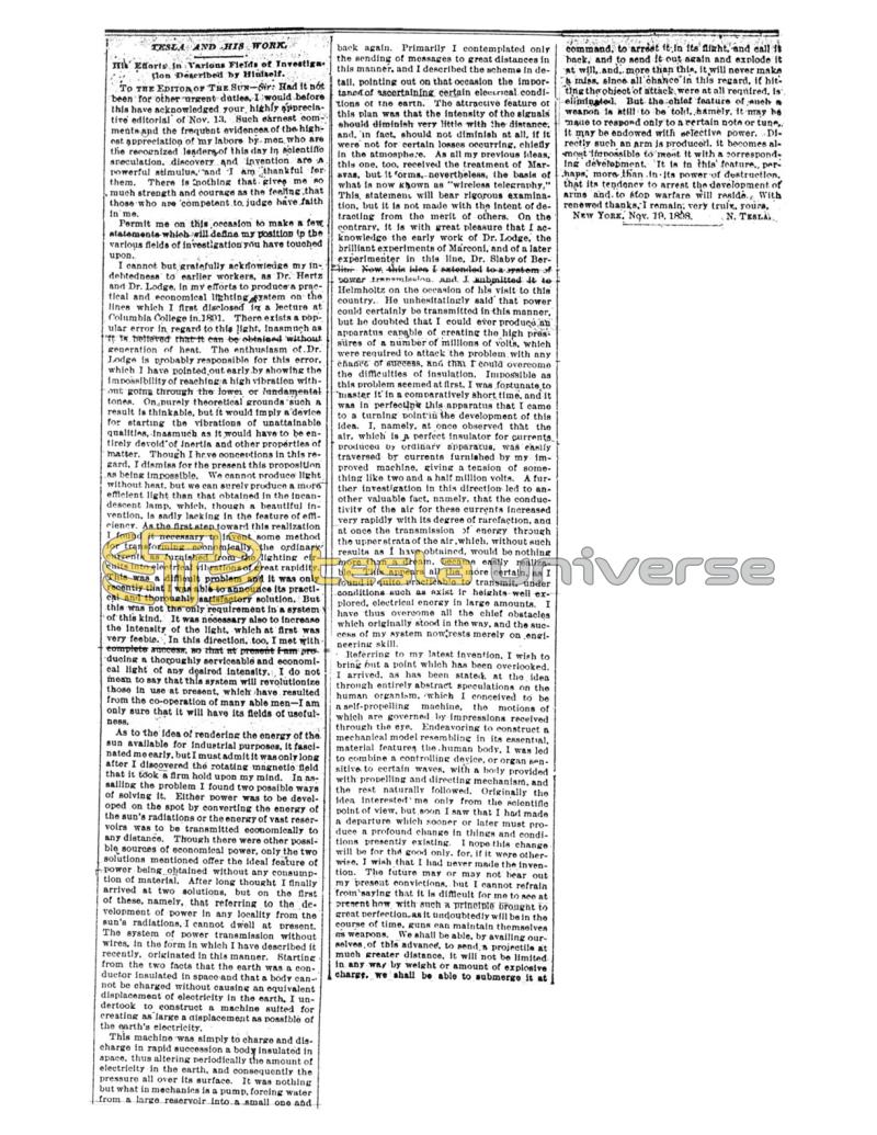 Preview of Tesla and His Work - His Efforts in Various Fields of Investigation Described by Himself article