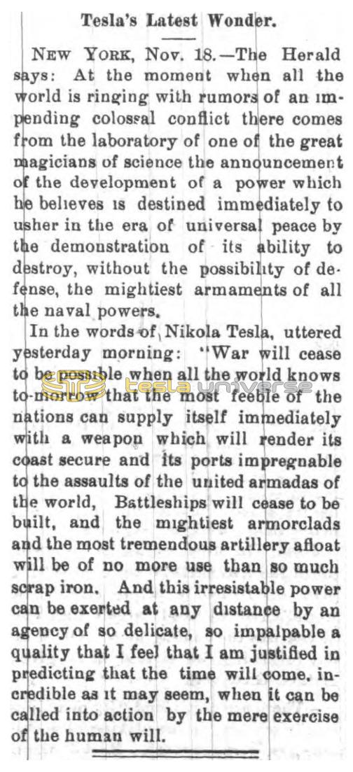 Preview of Tesla's Latest Wonder - To Abolish War article